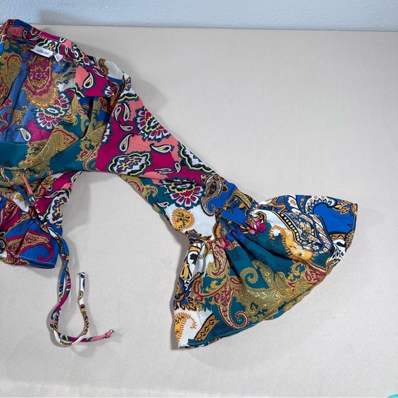 Willow & Root Mixed Paisley Print‎ Chiffon Blouse Bell Sleeves Tie Front Small - Picture 16 of 16